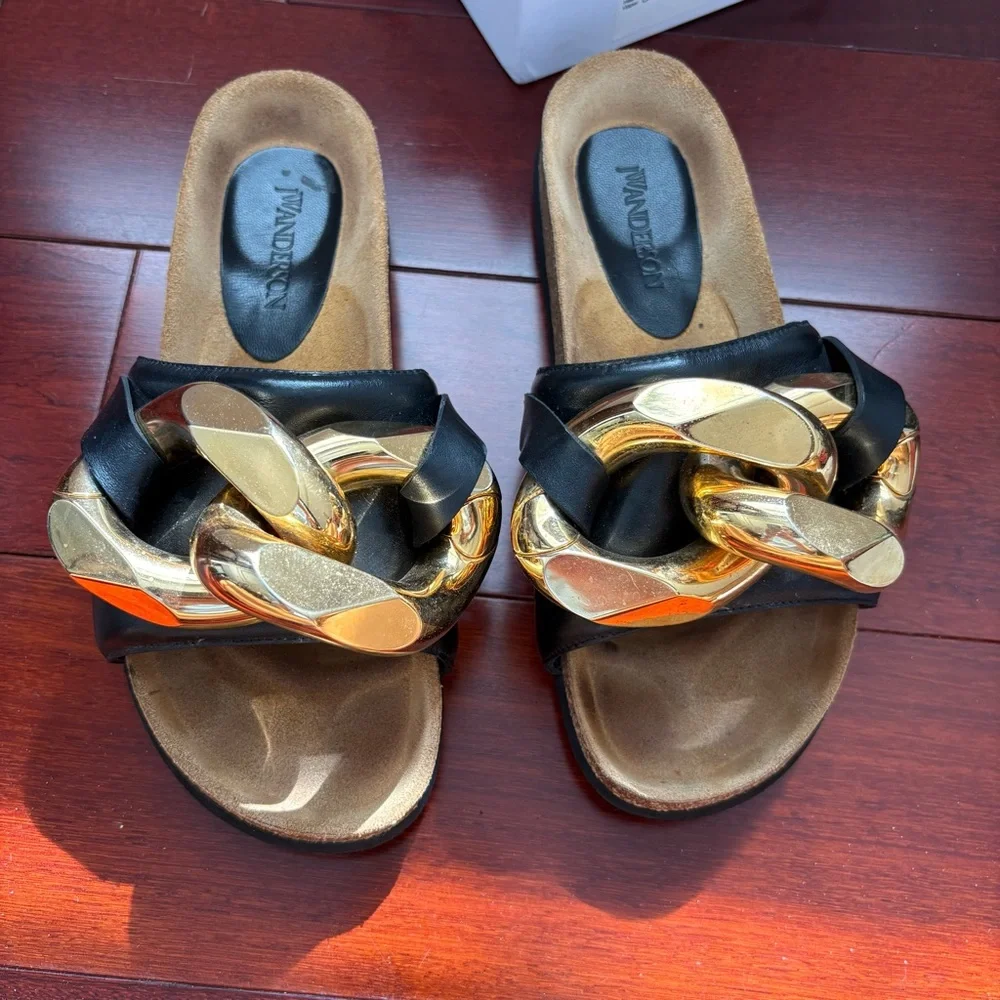 JW Anderson Chain Link Sandal Slides Gold Black Leather - Picture 2 of 11